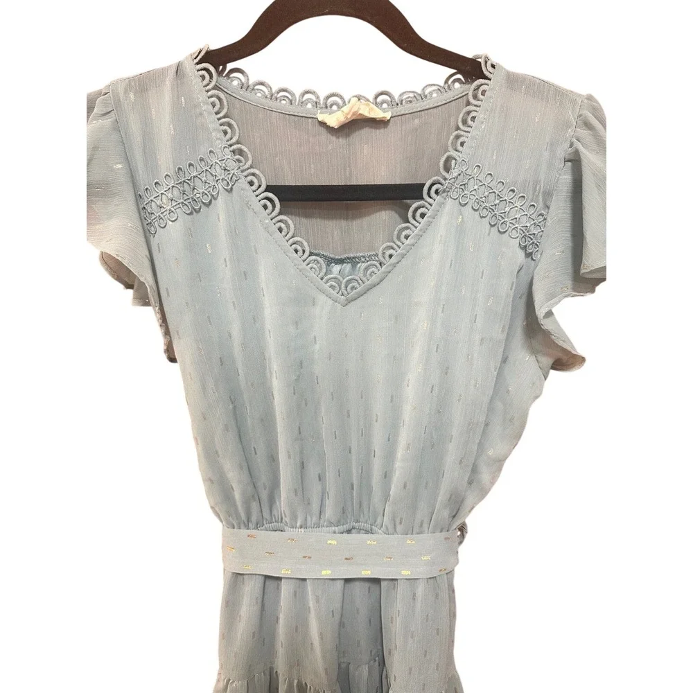 Sweet Wanderer Blue‎ Gold Metallic Clip Dot Crochet Lace Flutter Sleeve  Dress M